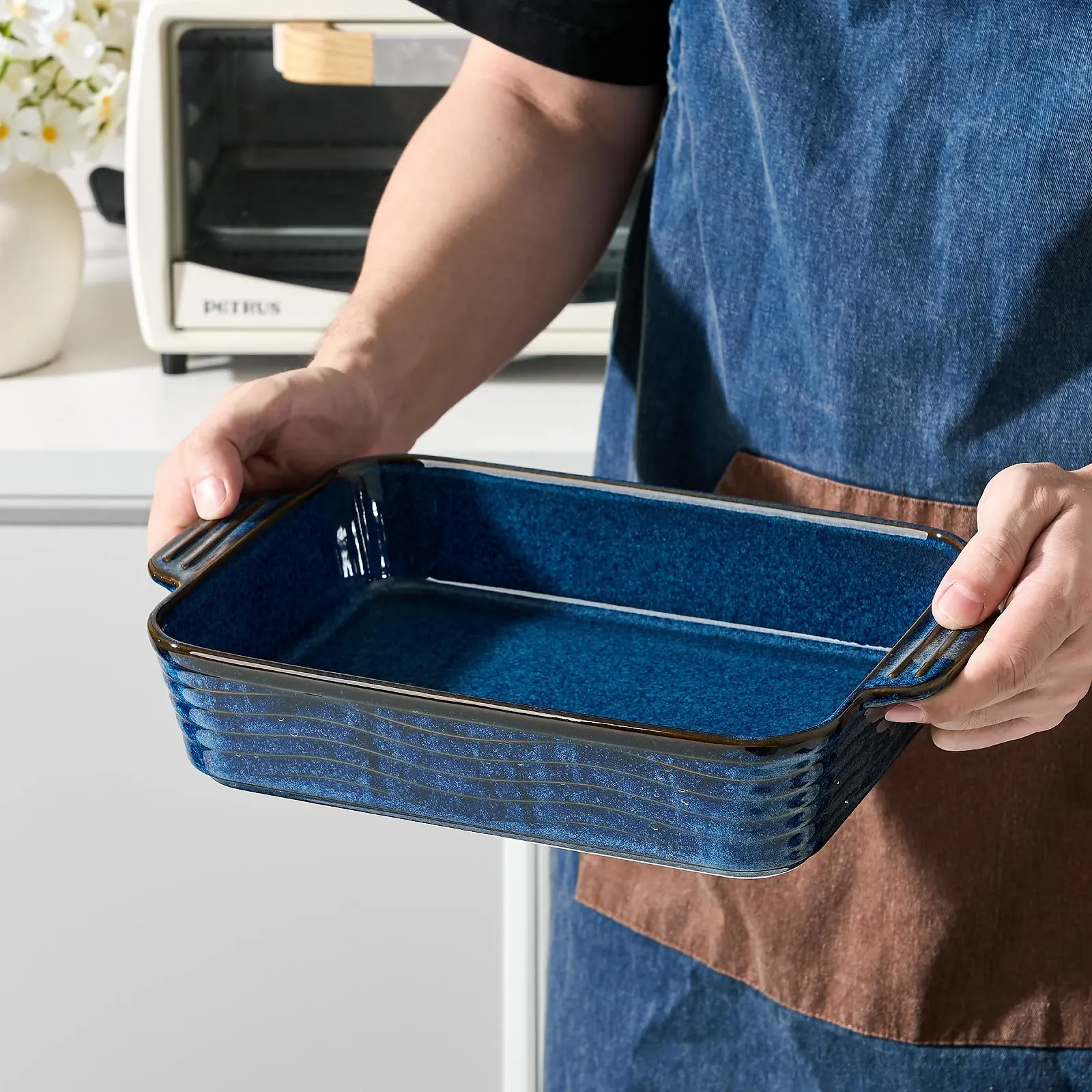 Форма для запекания Poecer керамическая 2000 мл квадратная с ручками синяя, фото №6 Форма для запекания Poecer керамическая 2000 мл квадратная с ручками синяя, фото №6