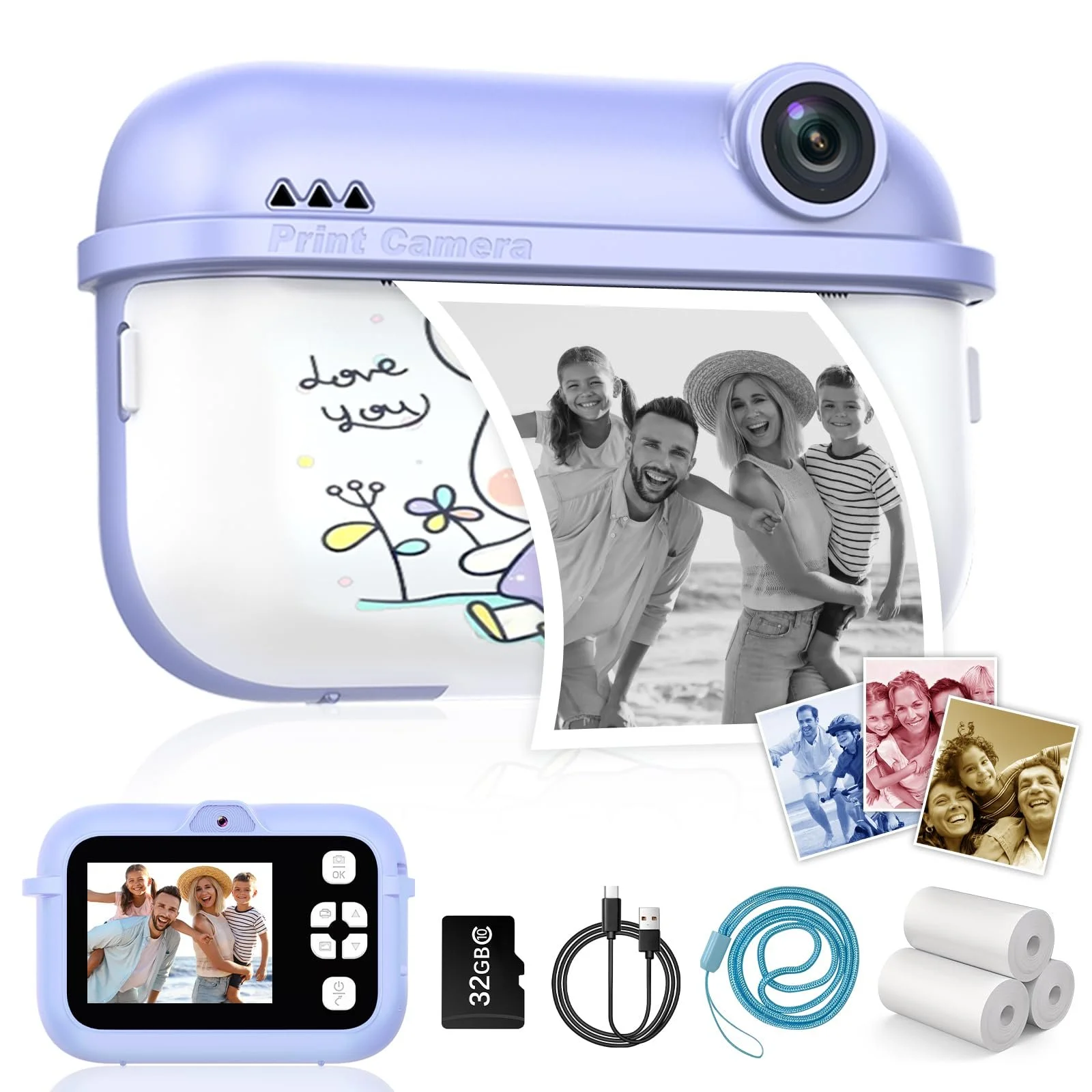 Детская камера мгновенной печати 48MP Dual Camera 1080P 32G TF Card и бумага для печати, фото №1