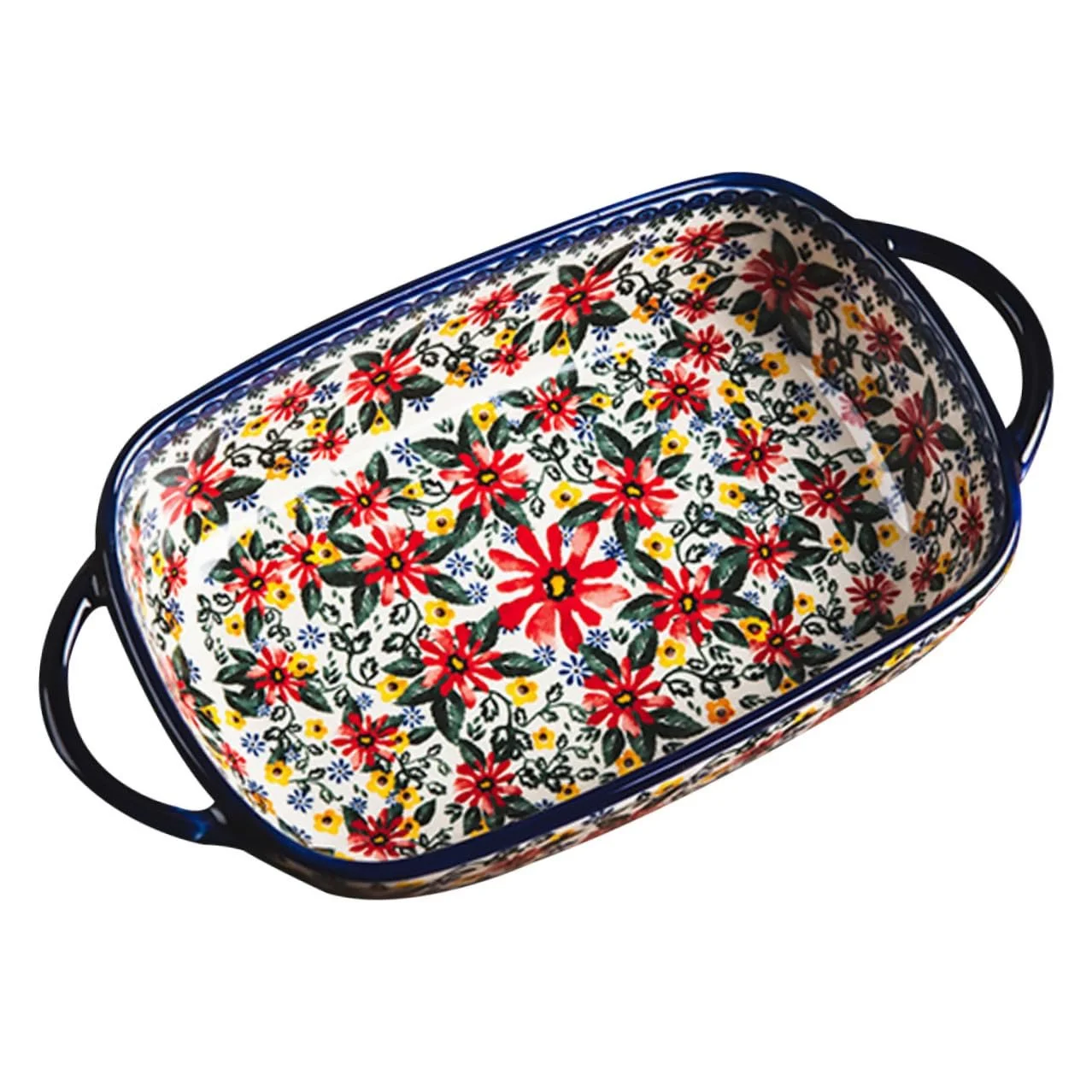 Форма для запекания керамическая прямоугольная с двойными ручками и цветочным узором, фото №1