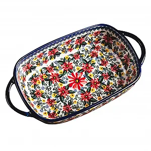 Форма для запекания керамическая прямоугольная с двойными ручками и цветочным узором - Фото 1