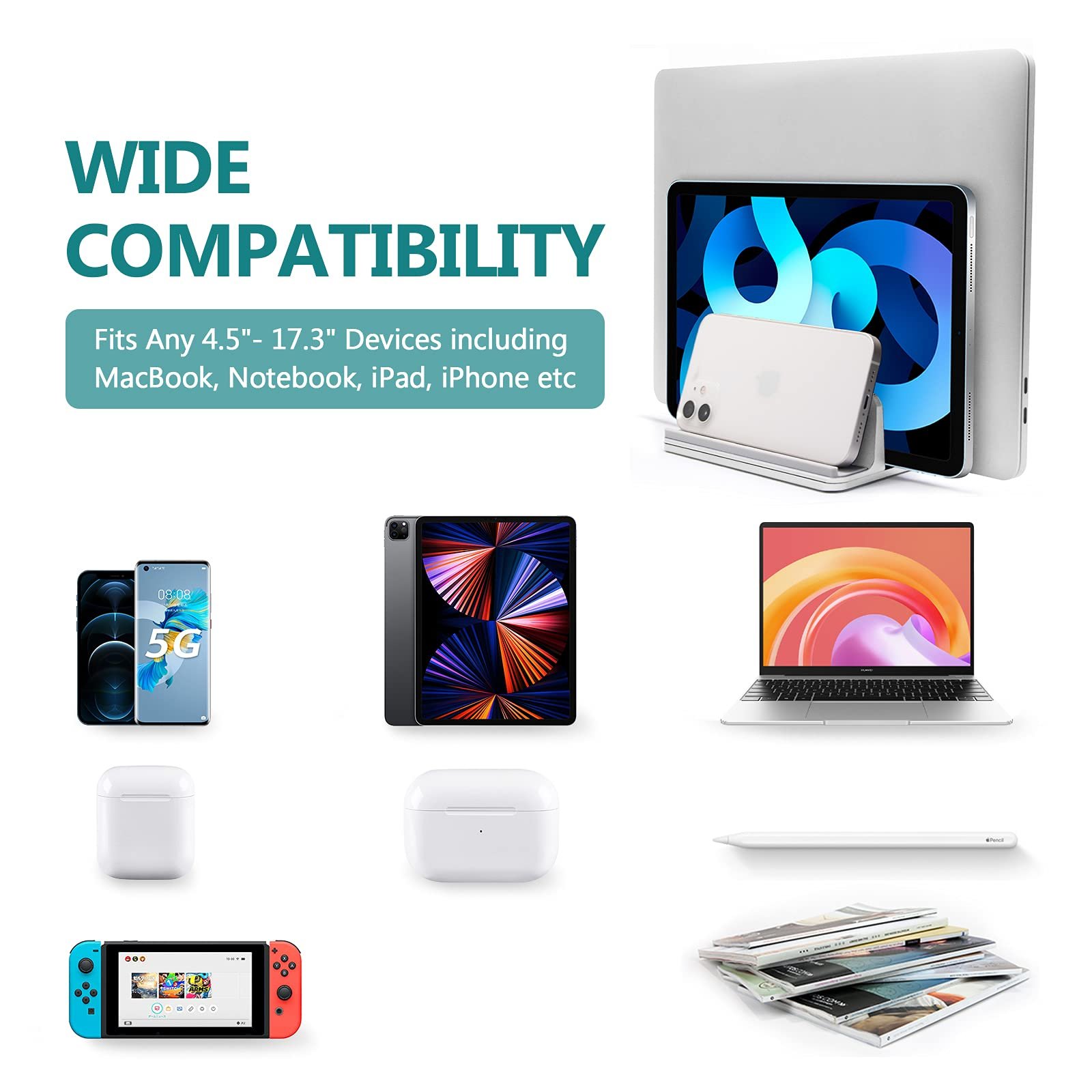 Вертикальная Подставка для Ноутбука Металлическая Двойная Регулируемая 4 Слота Macbook HP Chromebook до 17.5" - Серебристая, фото №6