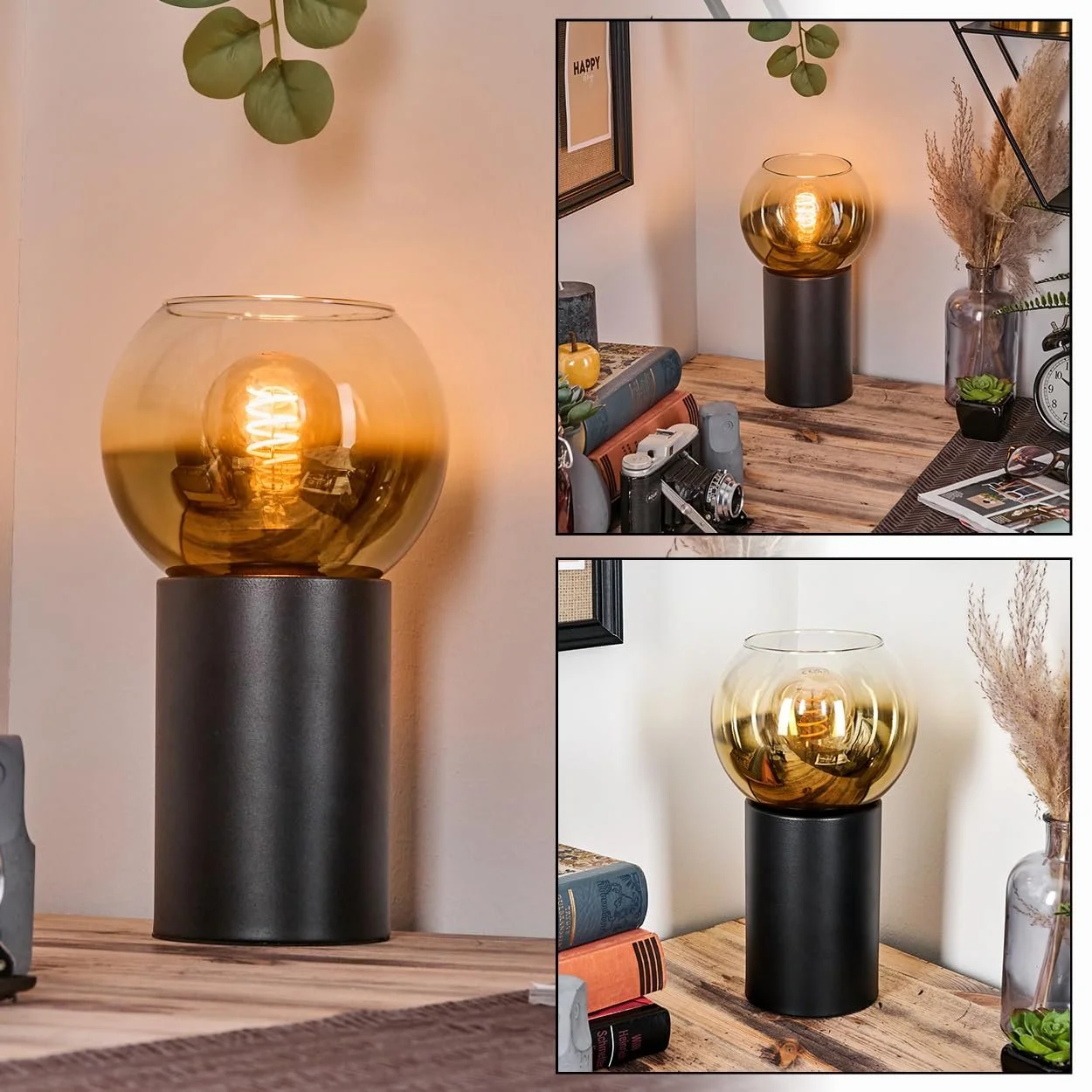 Настільна лампа HOFSTEIN Koyoto Металева Скляна Ретро/Вінтаж Діаметр 15 см E27 Чорна/Золотиста, фото №2