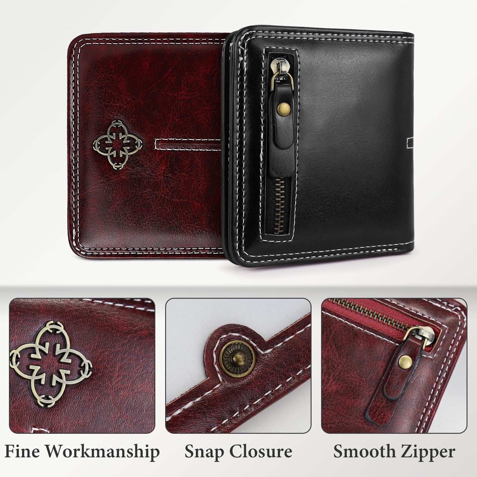 Кошелек AdiStylinno Маленький PU Кожаный Цветочный Bifold Slim Mini Ретро Картхолдер Отделение для монет Окно для ID 6 слотов для карт, винно-красный, ретро, фото №3