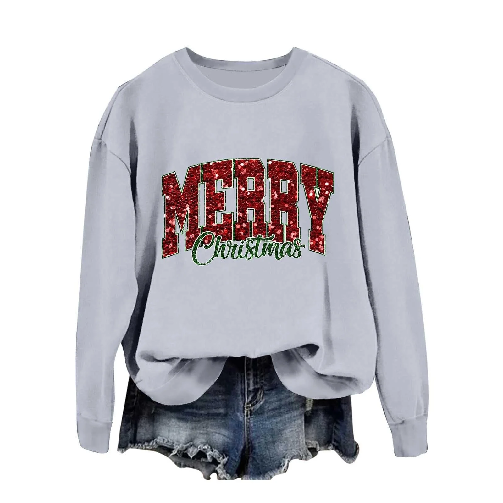 Женский зимний рождественский свитер Рождественский пуловер Рубашка с длинными рукавами большого размера Теплая веселая рождественская рубашка, фото №6