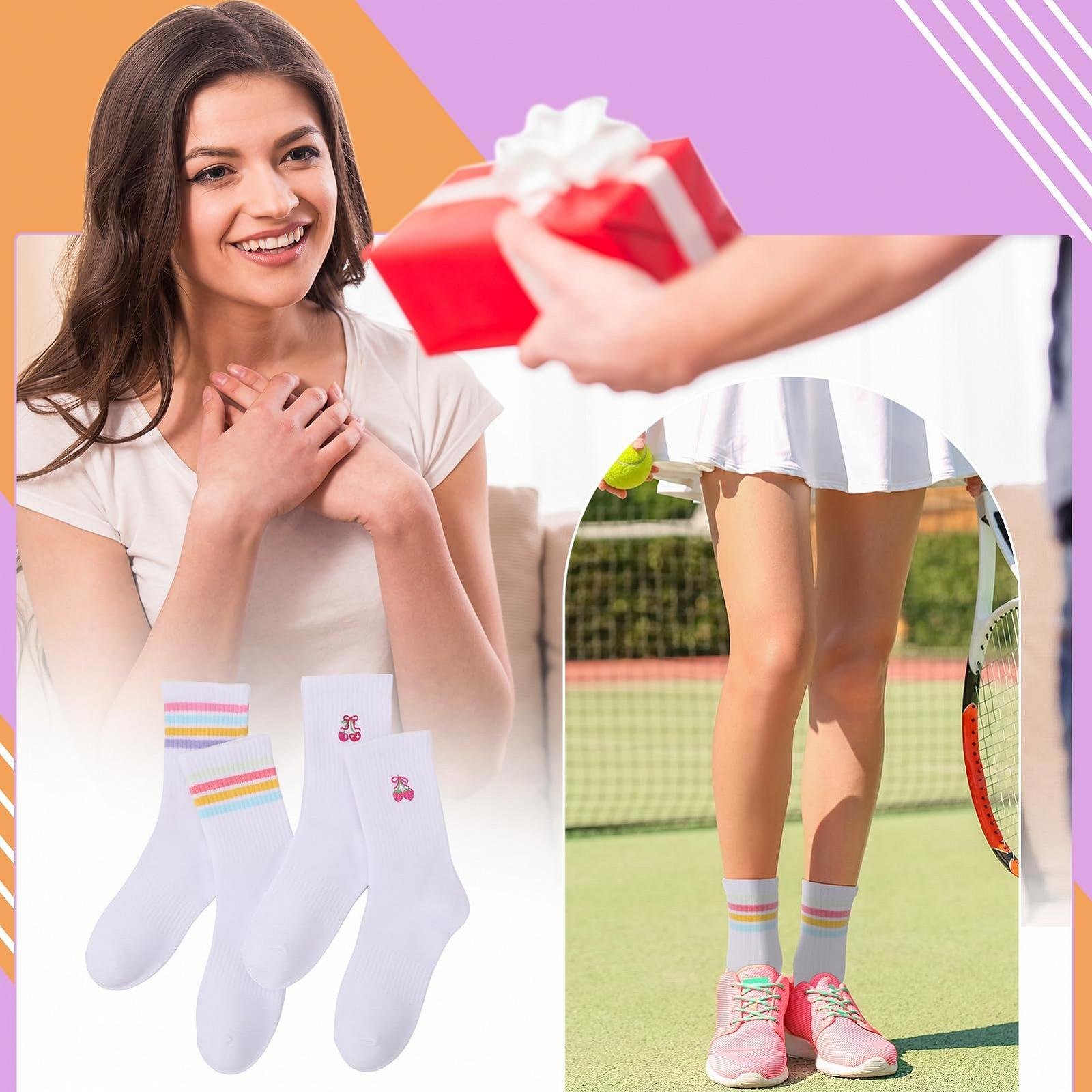 Теннисные носки Белый цвет, 4 пары, размер 38-42, с полосками и рисунками клубники и вишни, фото №7