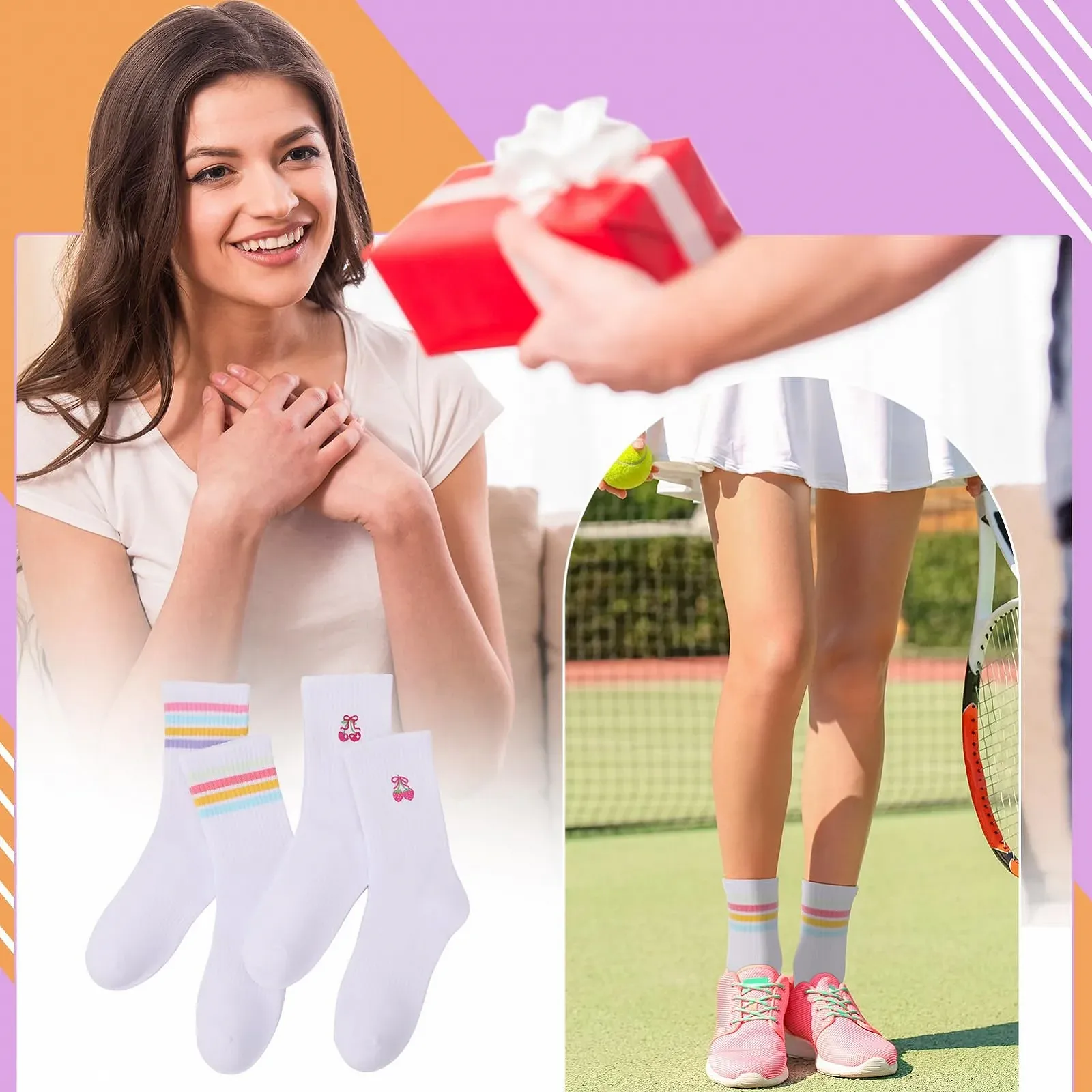 Теннисные носки Белый цвет, 4 пары, размер 38-42, с полосками и рисунками клубники и вишни, фото №7