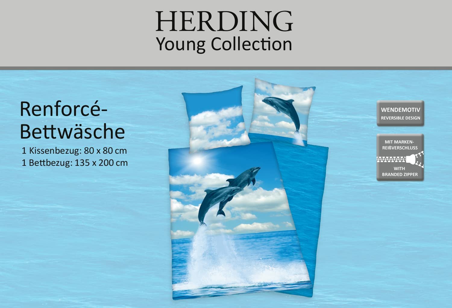 Постільна білизна Herding Dolphin, наволочка прибл. 80 x 80 см, підковдра прибл. 135 x 200 см, 100% бавовна, ренфорс, різнобарвний, фото №6