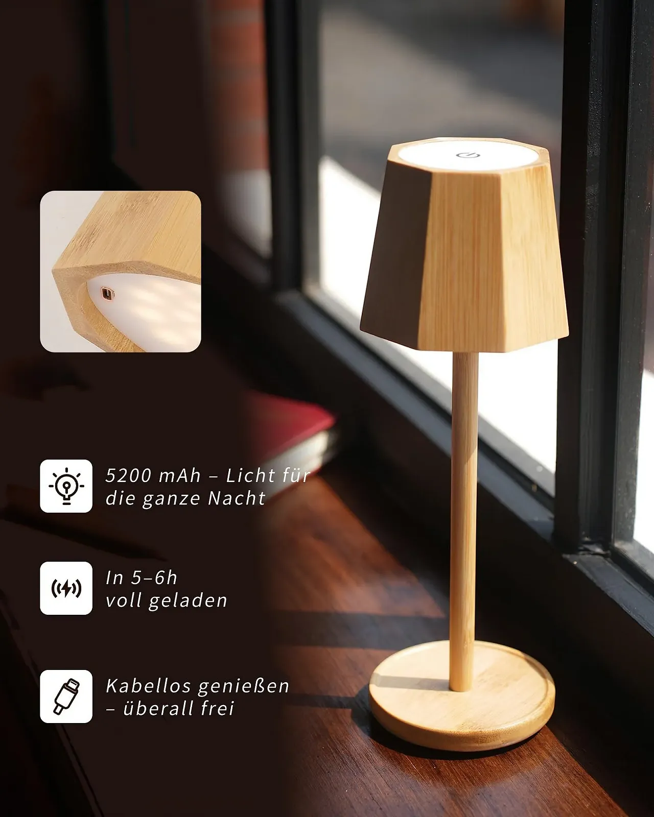 Настільна лампа LED Vintage Bamboo Boho бездротова сенсорна IP54 5200 mAh Дерев'яна, фото №5