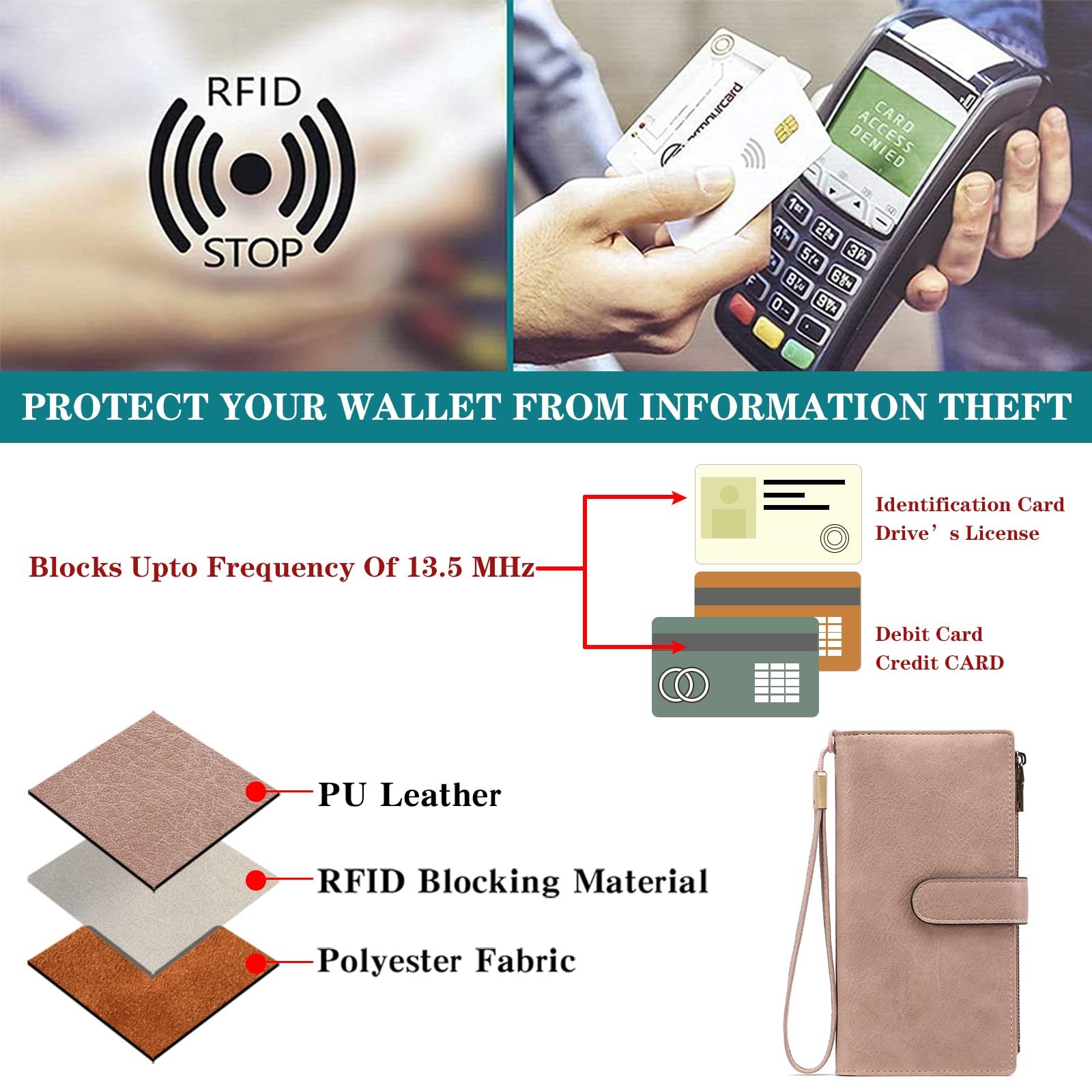 Кошелек GOIACII Женский RFID-защита Большой вместимости Кожаный A02 Бледно-розовый Винтажный, фото №8