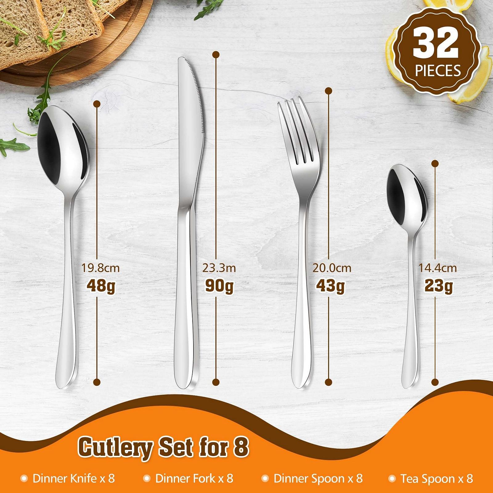 Набор столовых приборов Tieplis, 32 предмета: ножи, вилки, ложки из нержавеющей стали на 8 персон, с зеркальной полировкой, фото №2 Набор столовых приборов Tieplis, 32 предмета: ножи, вилки, ложки из нержавеющей стали на 8 персон, с зеркальной полировкой, фото №2