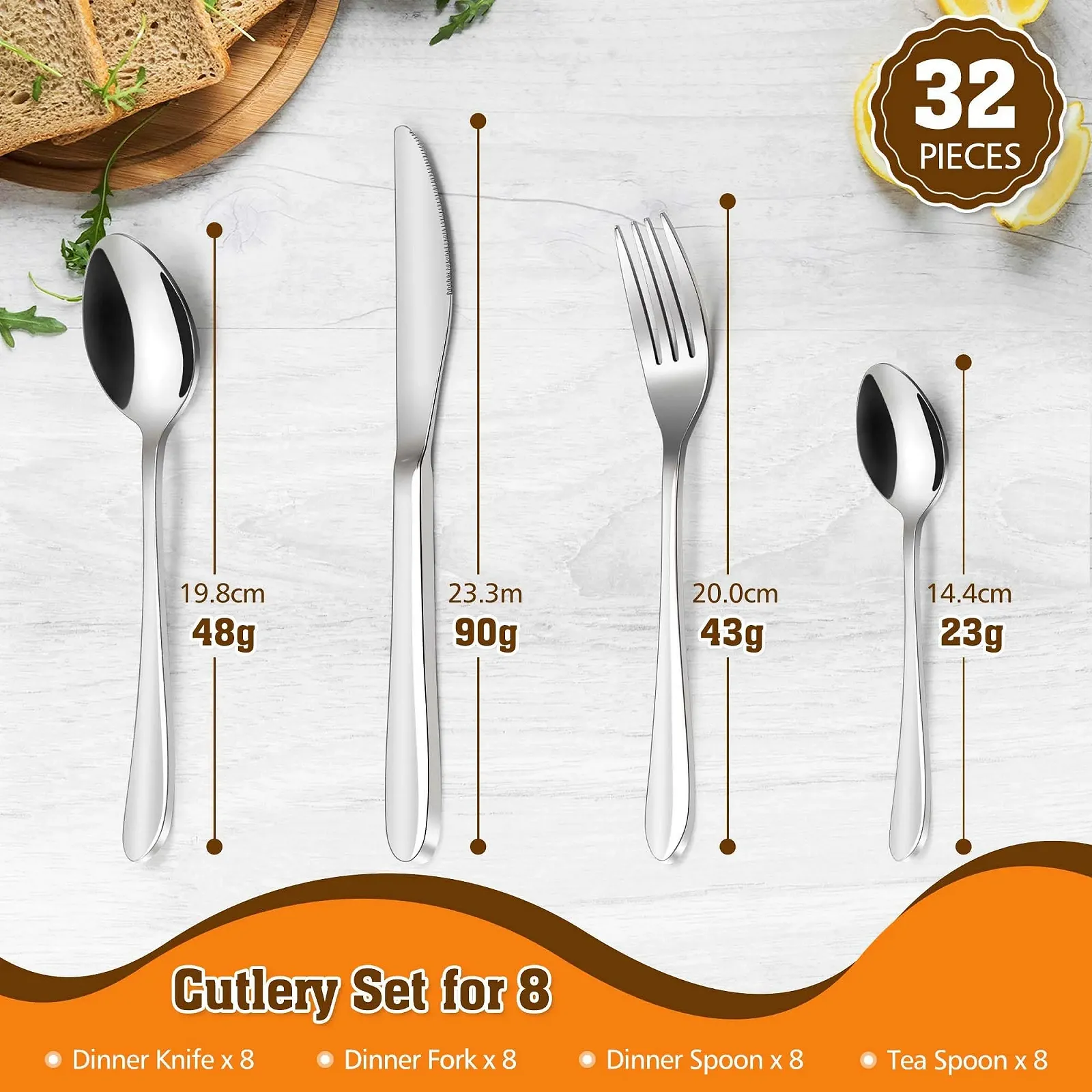 Набір столових приборів Tieplis, 32 предмети: ножі, виделки, ложки з нержавіючої сталі на 8 персон, з дзеркальною поліровкою, фото №2