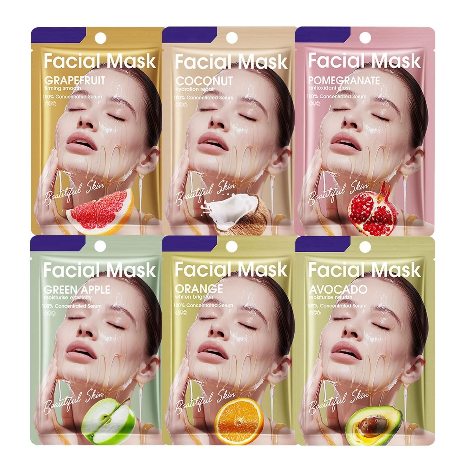 Маска для лица Soleneva, набор 6 штук, успокаивающая, увлажняющая маска для лица для всех типов кожи, тканевые маски для лица с различными фруктовыми ингредиентами, фото №1