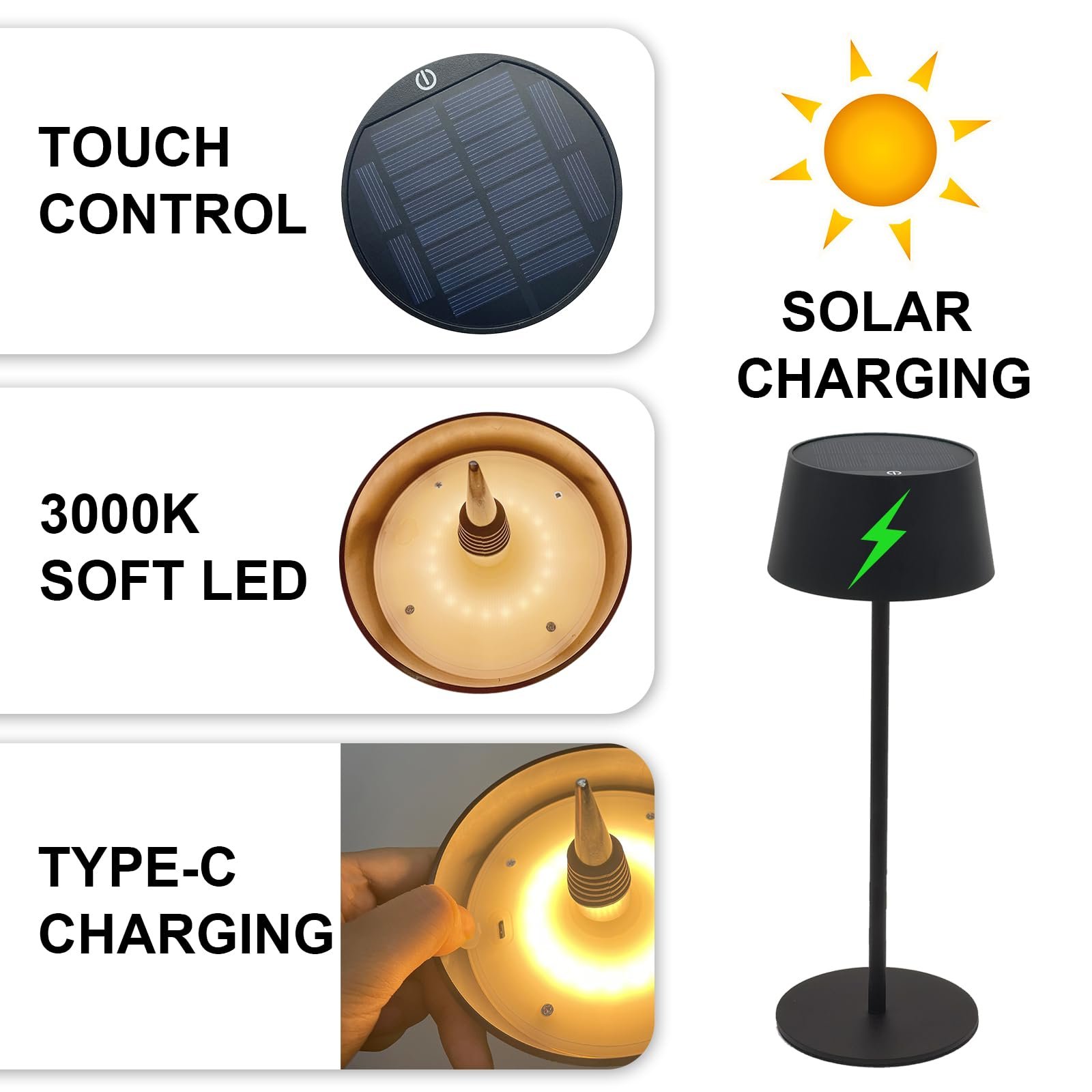 Сонячна настільна лампа ANTELA Бездротова димована LED Вулична Акумуляторна 3000 К IP44 Чорна 1 шт., фото №4
