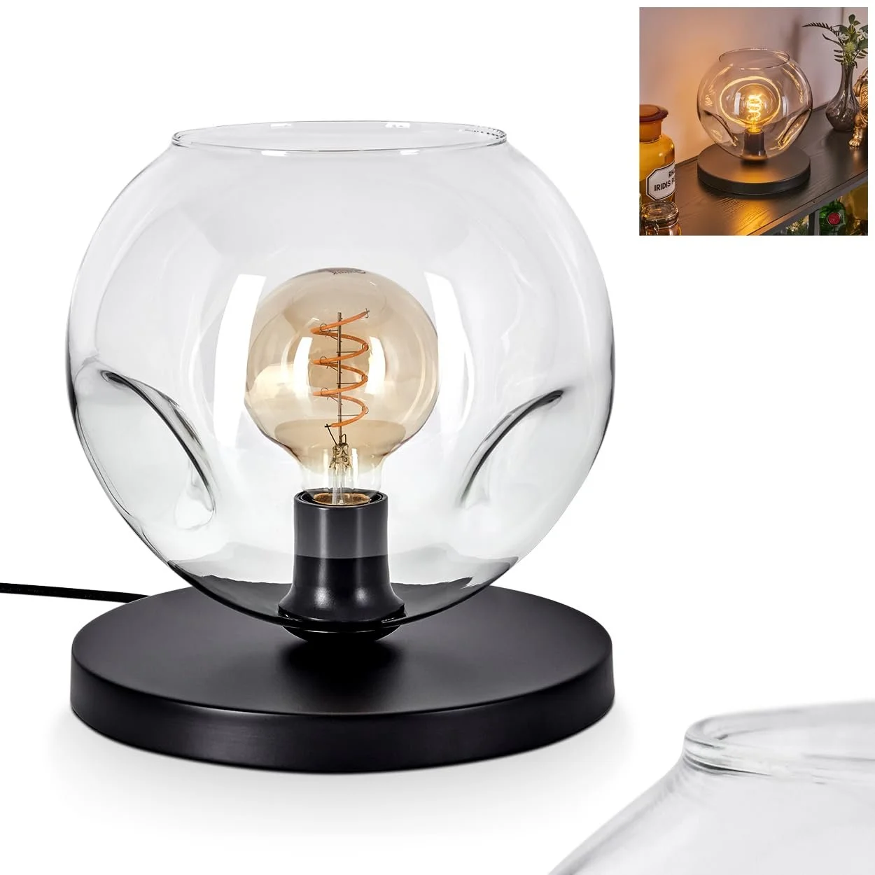 Настільна лампа Ripoll Метал/Скло Сучасний Ретро/Вінтаж Ø 25 см Перемикач на кабелі 1 x E27 Без лампи Чорний/Прозорий, фото №1