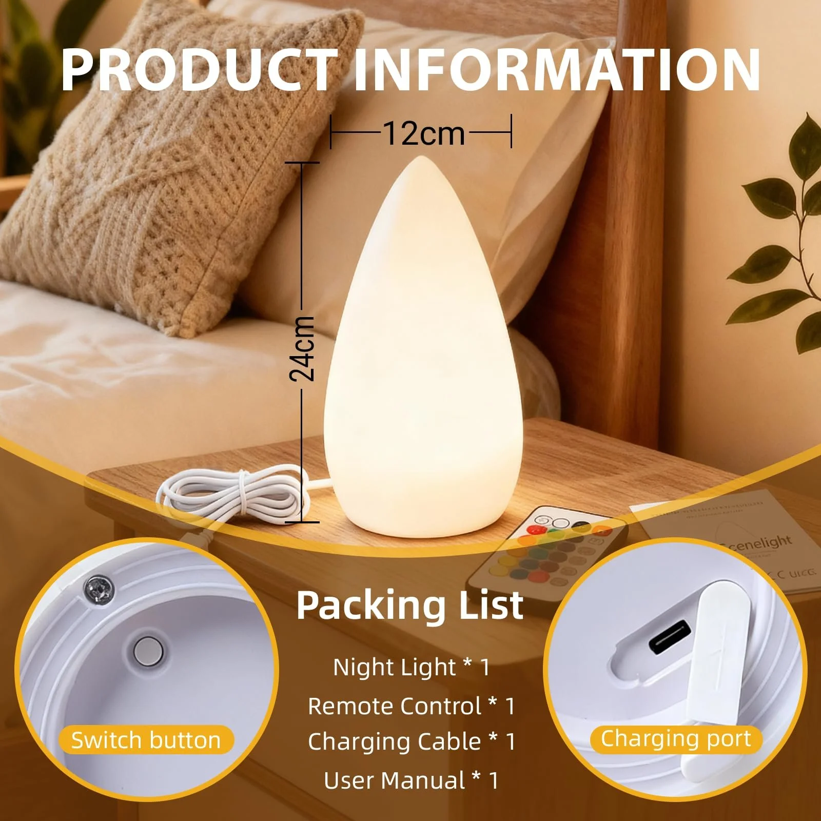 Настільна лампа SCNNC LED Акумуляторна 16 кольорів RGB IP65 USB-C Біла 12 см, фото №7