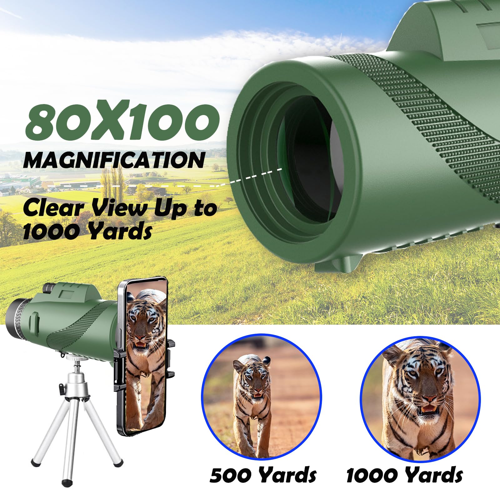 Монокуляр Телескоп HD 80X100 FMC BAK4 Водонепроникний з тримачем і штативом для сходження спостереження за птахами полювання концерти футбольний матч подорожі, фото №3