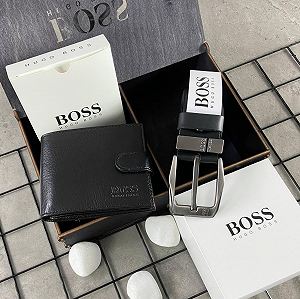 Подарунковий набір чоловічий ремінь і гаманець з натуральної шкіри BOSS - Фото 1