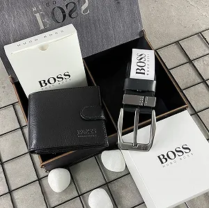 Подарунковий набір чоловічий ремінь і гаманець з натуральної шкіри BOSS - Фото 1