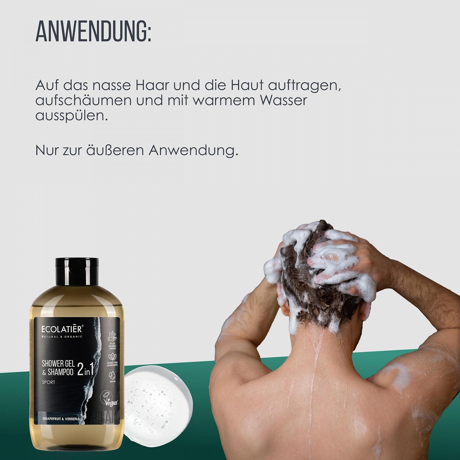 Гель для душу та шампунь 2-в-1 Ecolatier Sport Грейпфрут та Вербена 600 мл, фото №6