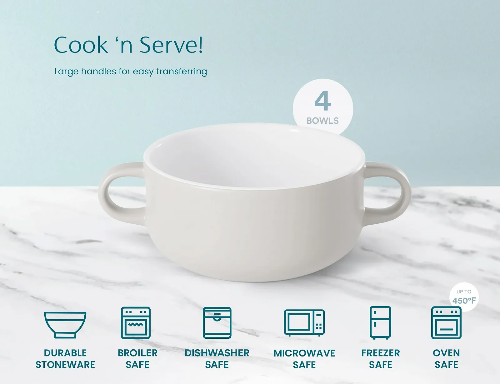 Миски для запекания Kook 4 шт. керамические с ручками 20 унций Белый, фото №6