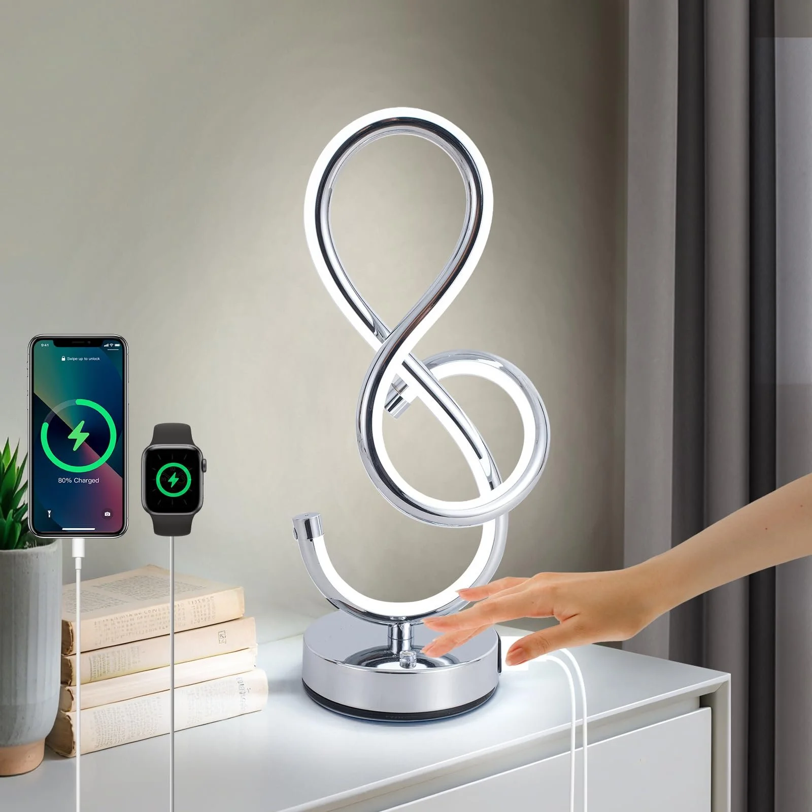 Настільна лампа LED спіральна сенсорна з регулюванням яскравості USB Type-C срібляста, фото №1