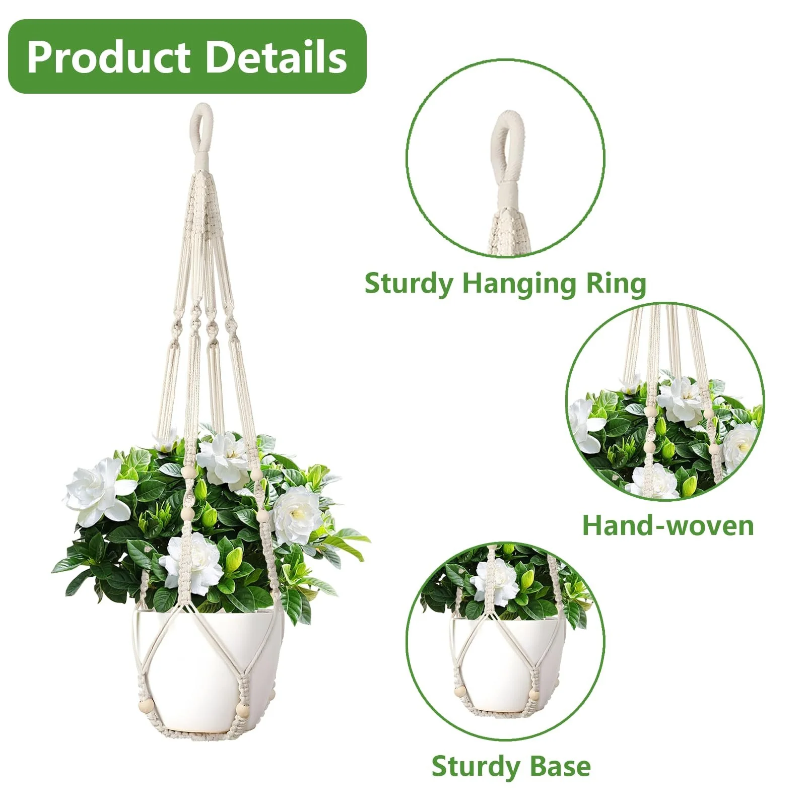 Подвесные корзины макраме Набор из 2 шт хлопковые 89 см с крючками Белый, фото №7