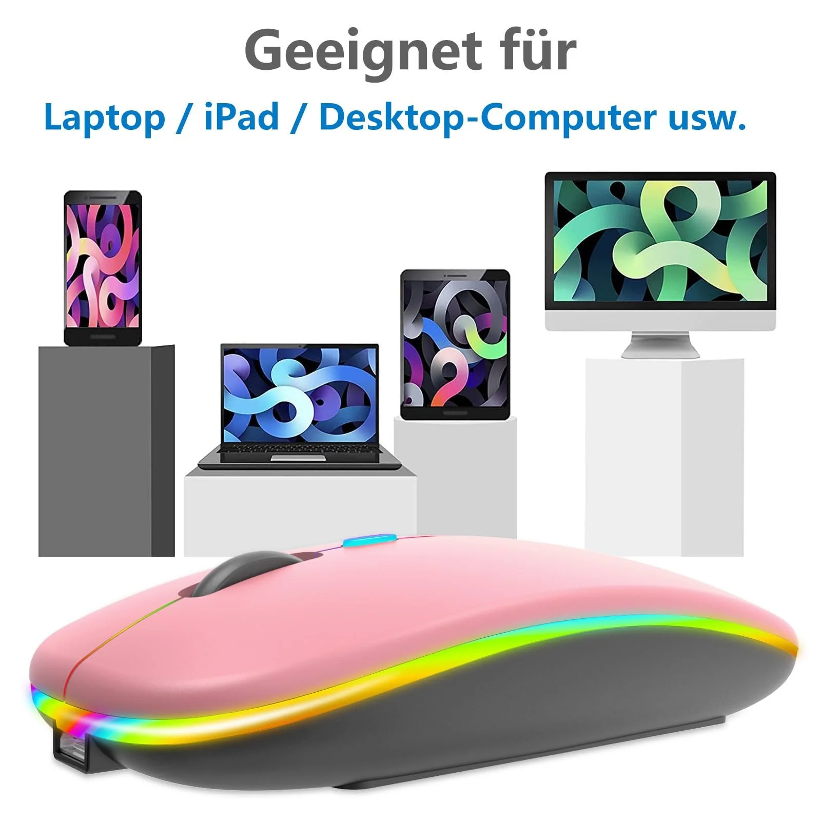 Мышь Беспроводная HZD Перезаряжаемая RGB Bluetooth с USB ресивером 1000-1600 DPI регулируемая Розовая, фото №8