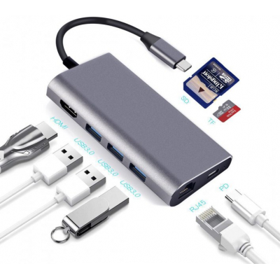 Переходник Dynamode USB3.1 Type-C to HDMI 3хUSB3.0, RJ45 USB Female SD (Dock-USB-TypeC-HDMI-USB3.0-RJ45), фото №4
