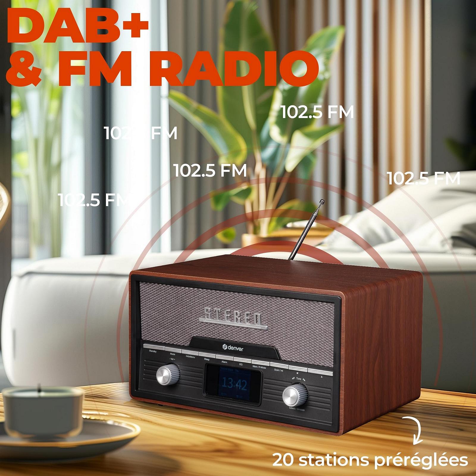 Музыкальная система Ретро Denver MDA-525DW DAB+ радио, FM, CD, Bluetooth, AUX и USB - 2 x 50 Вт колонки, цветной дисплей и функция будильника, фото №2