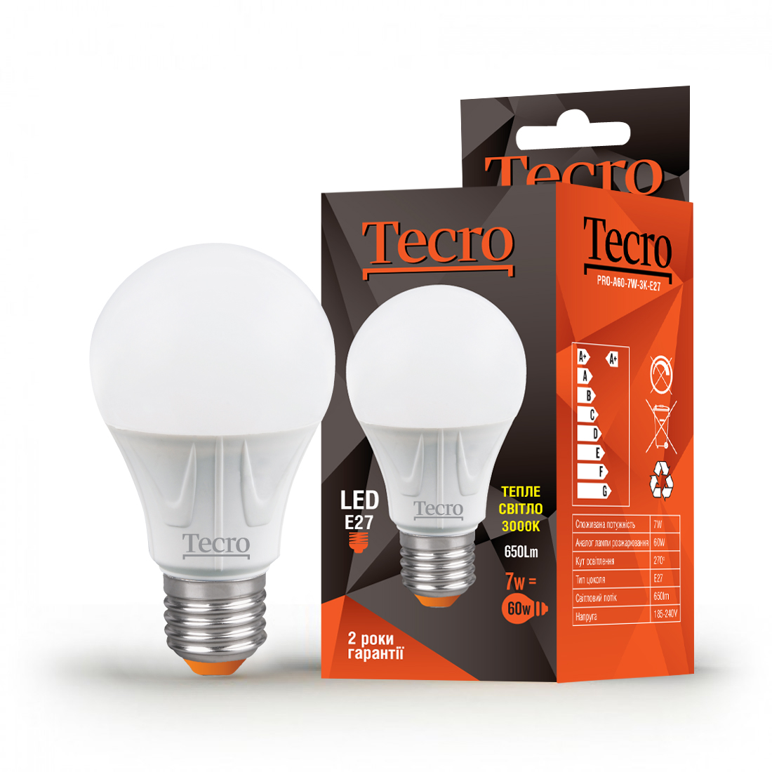 Лампа LED Tecro PRO-A60-7W-3K-E27 7W 3000K E27, фото №1