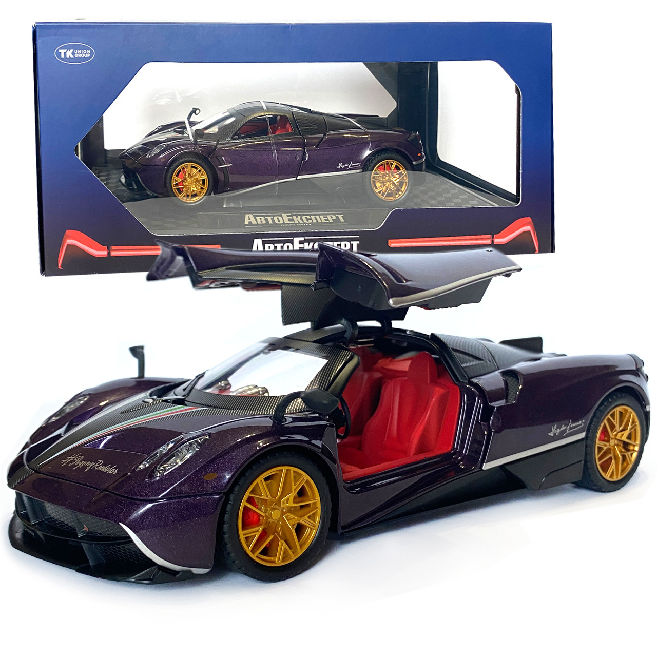 Машинка металлическая игрушечная Pagani huayra Roadster Авто Эксперт 1:24, фиолетовая свет звук инерция, фото №1