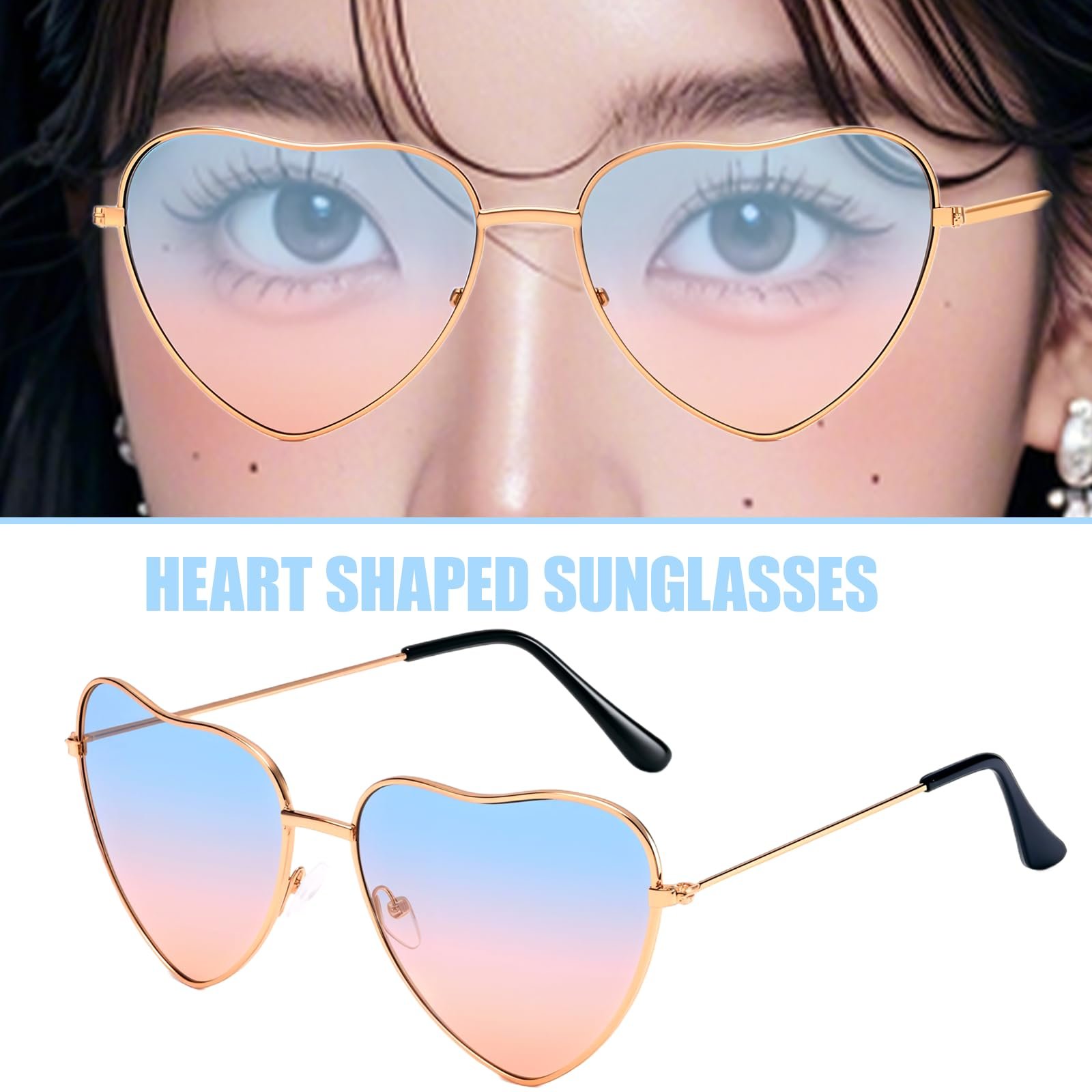 Сонцезахисні окуляри у формі серця MKKZLPN, золота оправа, блакитні, 2 шт, фото №8