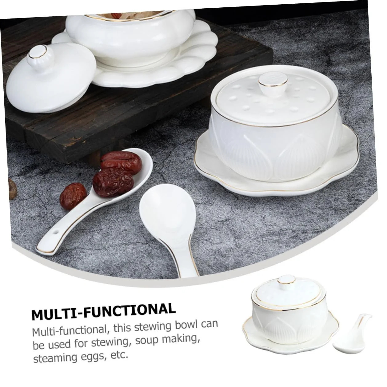 Керамічна каструля для тушкування маленька з кришкою та ложкою біла, фото №4