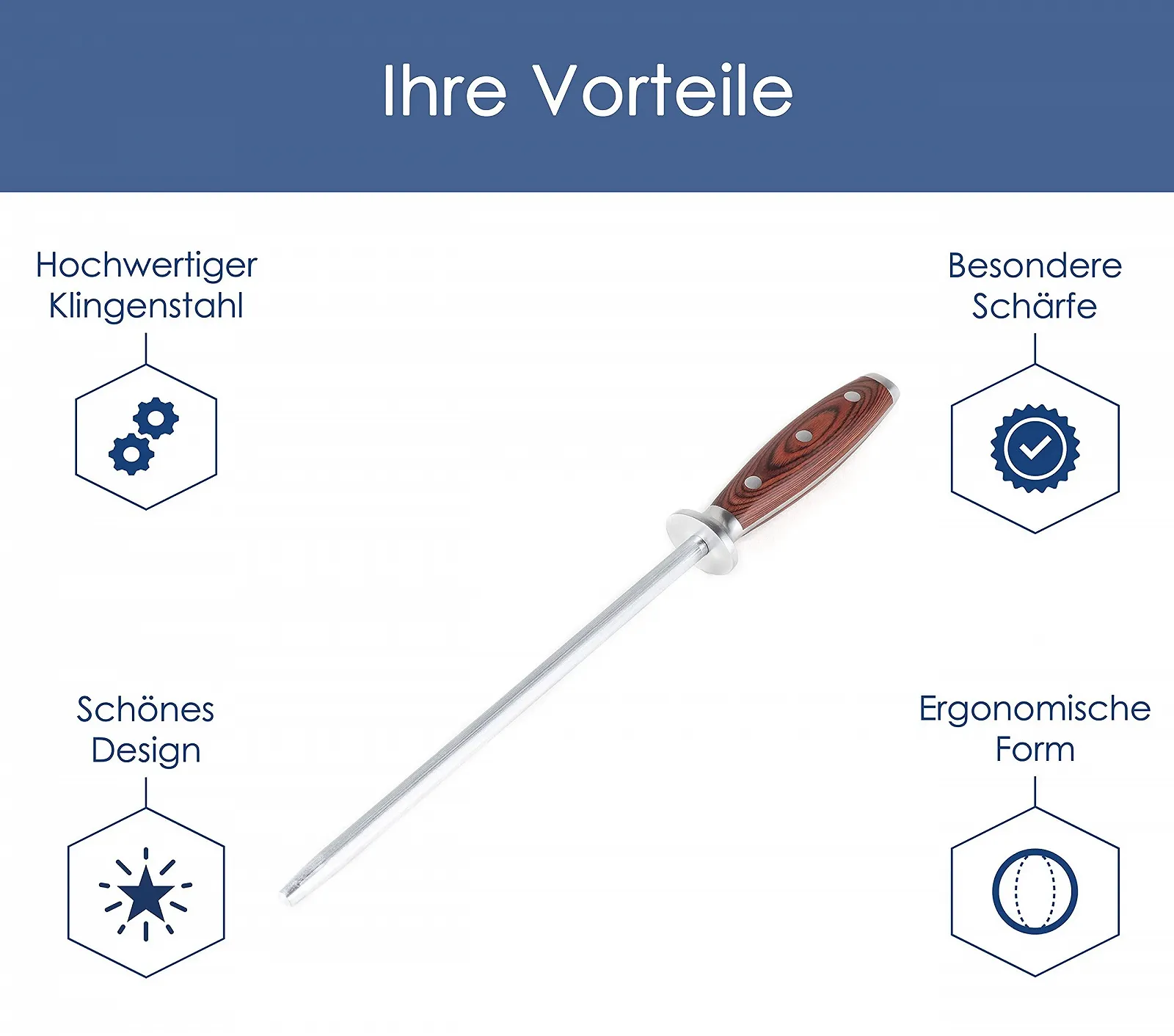 Мусат із загартованої спеціальної сталі з ергономічною ручкою з дерева Пакка, фото №6