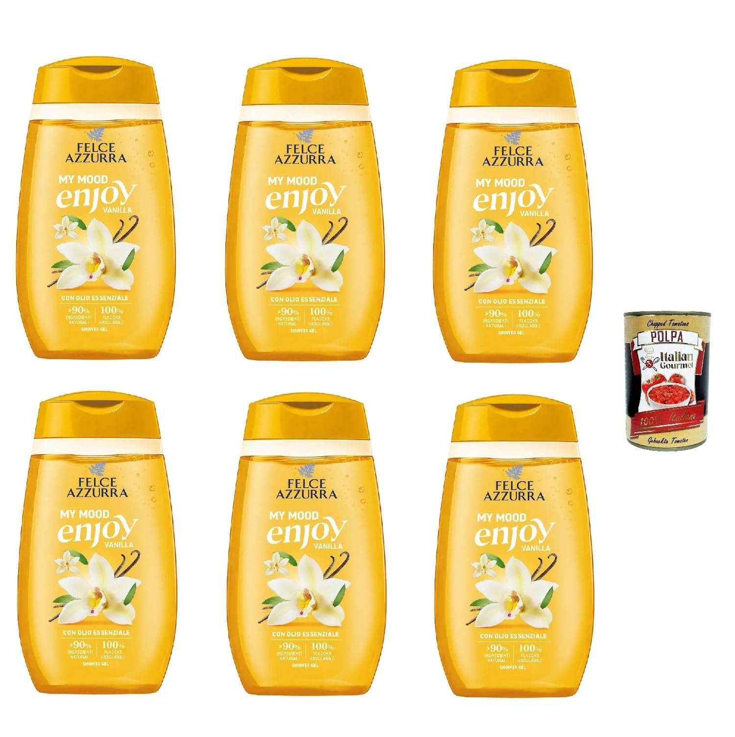 Гель для душу Felce Azzurra My Mood Enjoy Vanilla 250 мл 6 x 250 мл + томатна пульпа 400 г, фото №1