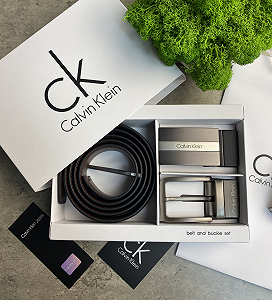 Ремінь чоловічий шкіряний брендовий із двома пряжками в подарунковій упаковці Calvin Klein synthetic.ua - Фото 1