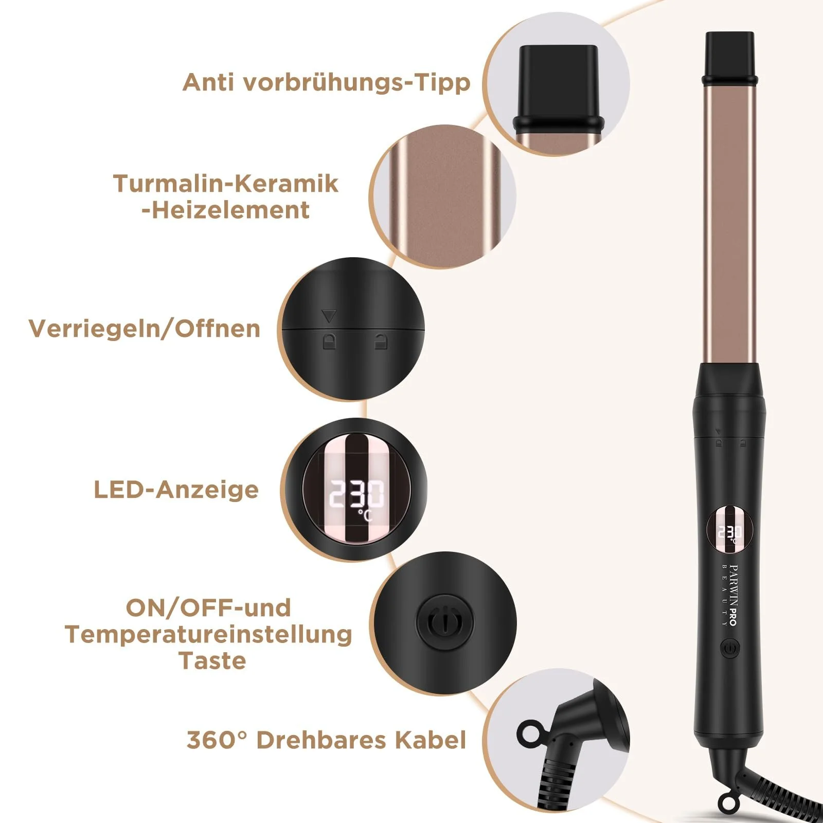 Мультистайлер PARWIN PRO BEAUTY 5 в 1 керамико-турмалиновый ЖК-дисплей 140-230°C Розовое золото, фото №2