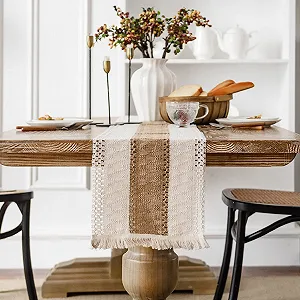 Ранер на стіл Boho Linen Macrame з китицями Бежевий 30 x 140 см - Фото 1