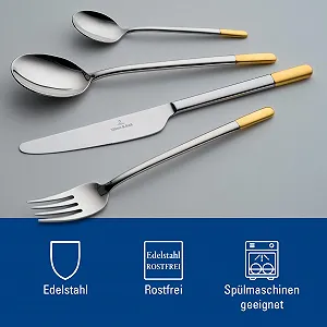 Набір столових приборів Villeroy & Boch Ella з частковим золотим покриттям 113 предметів, нержавіюча сталь 18/10 ціна на synthetic.ua - Фото 1 Набір столових приборів Villeroy & Boch Ella з частковим золотим покриттям 113 предметів, нержавіюча сталь 18/10 synthetic.ua - Фото 1