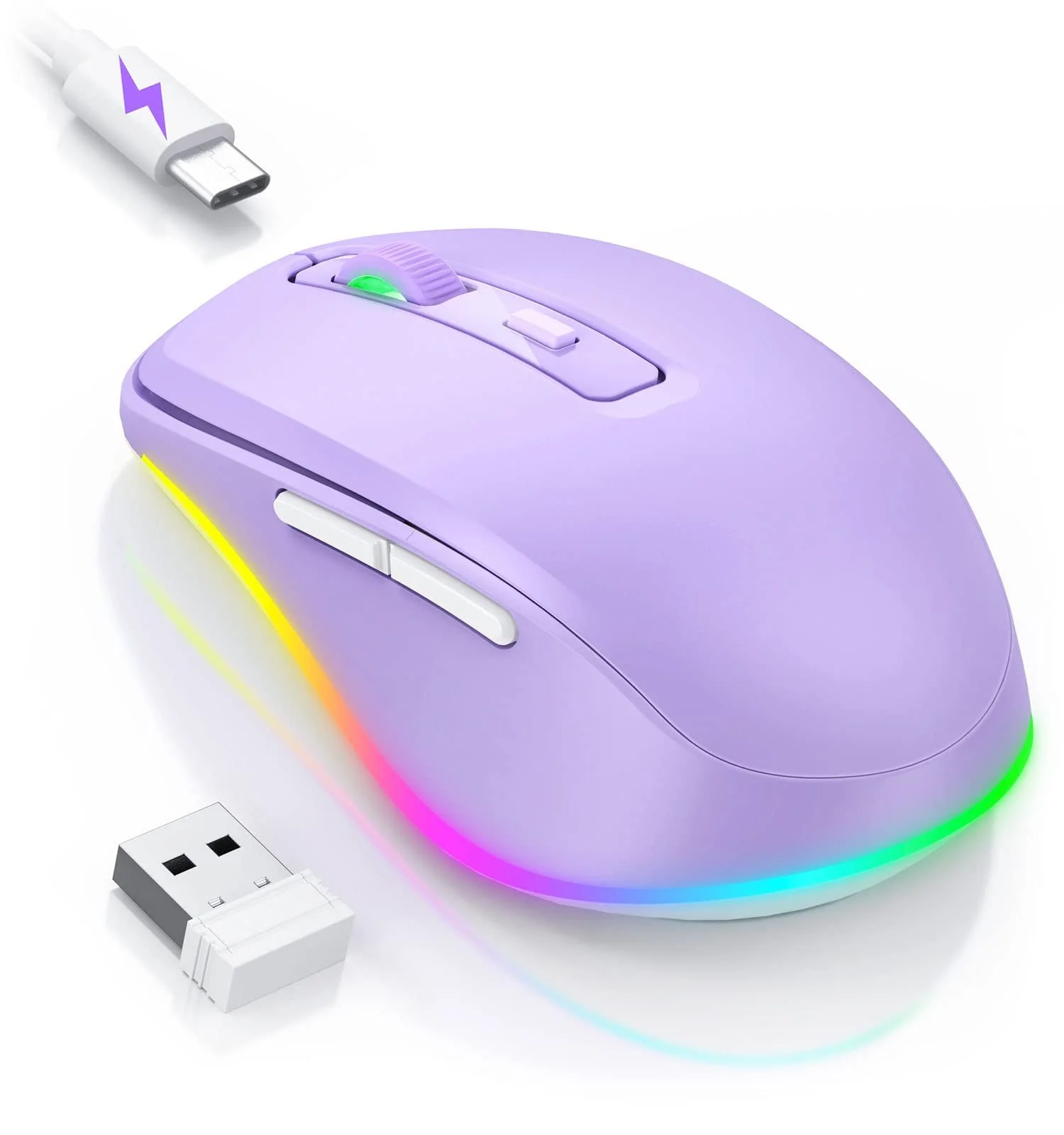 Мышь беспроводная Seenda LED, перезаряжаемая, с функцией Mouse Jiggler, тихая, 2.4G USB, для ноутбука, компьютера, DPI 2000, фиолетовая, фото №1