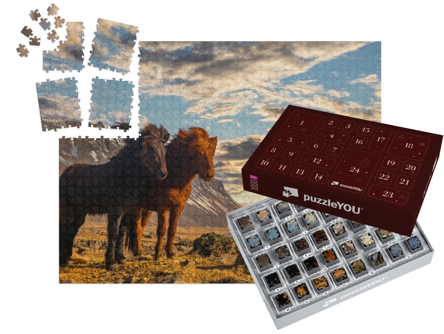 Пазл-адвент-календарь puzzleYOU Horse Puzzle Collection Two Iceland Horses on the Coast at Sunset 1000 элементов, фото №1