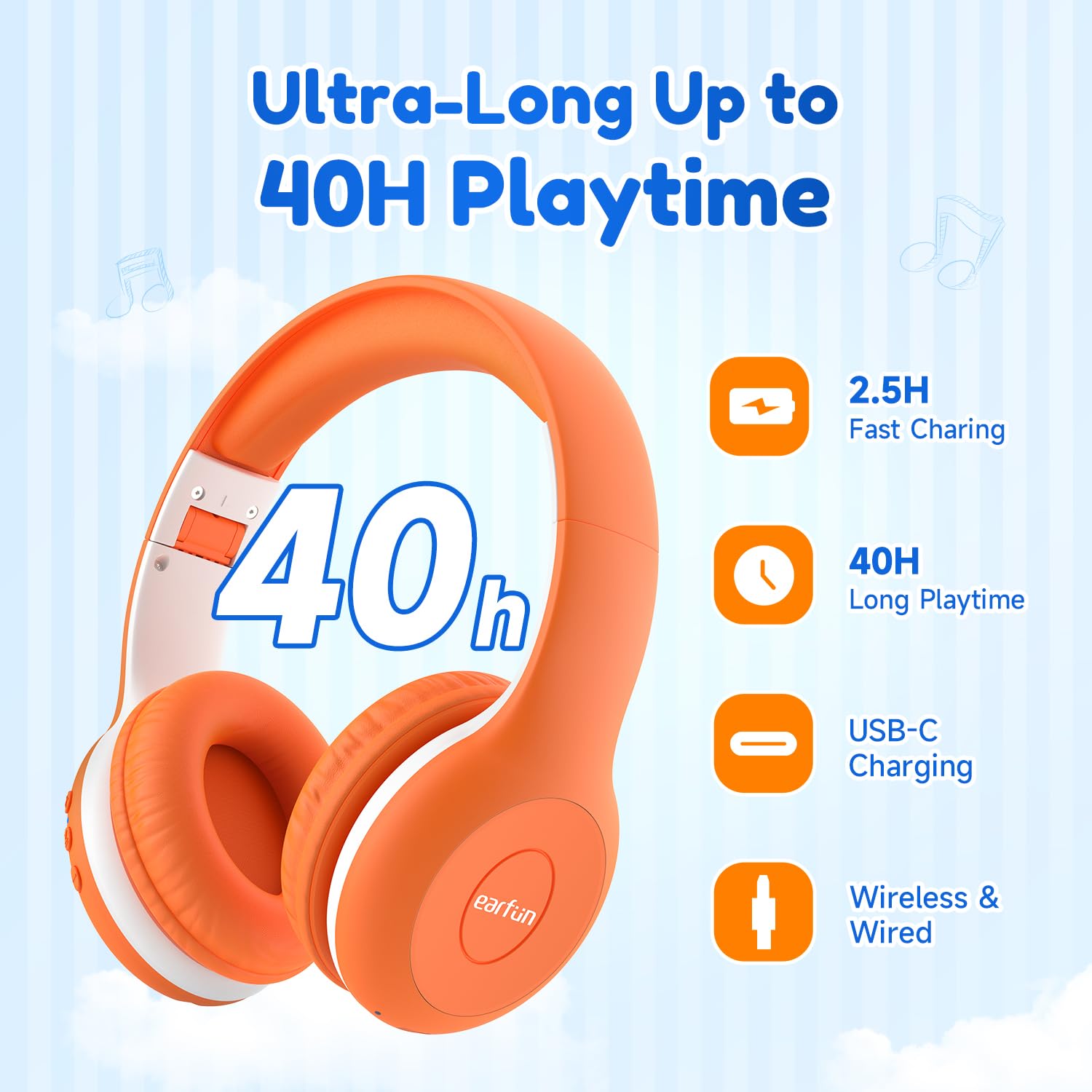 Наушники Bluetooth EarFun Children's 85/94 dB Оранжевые, фото №6
