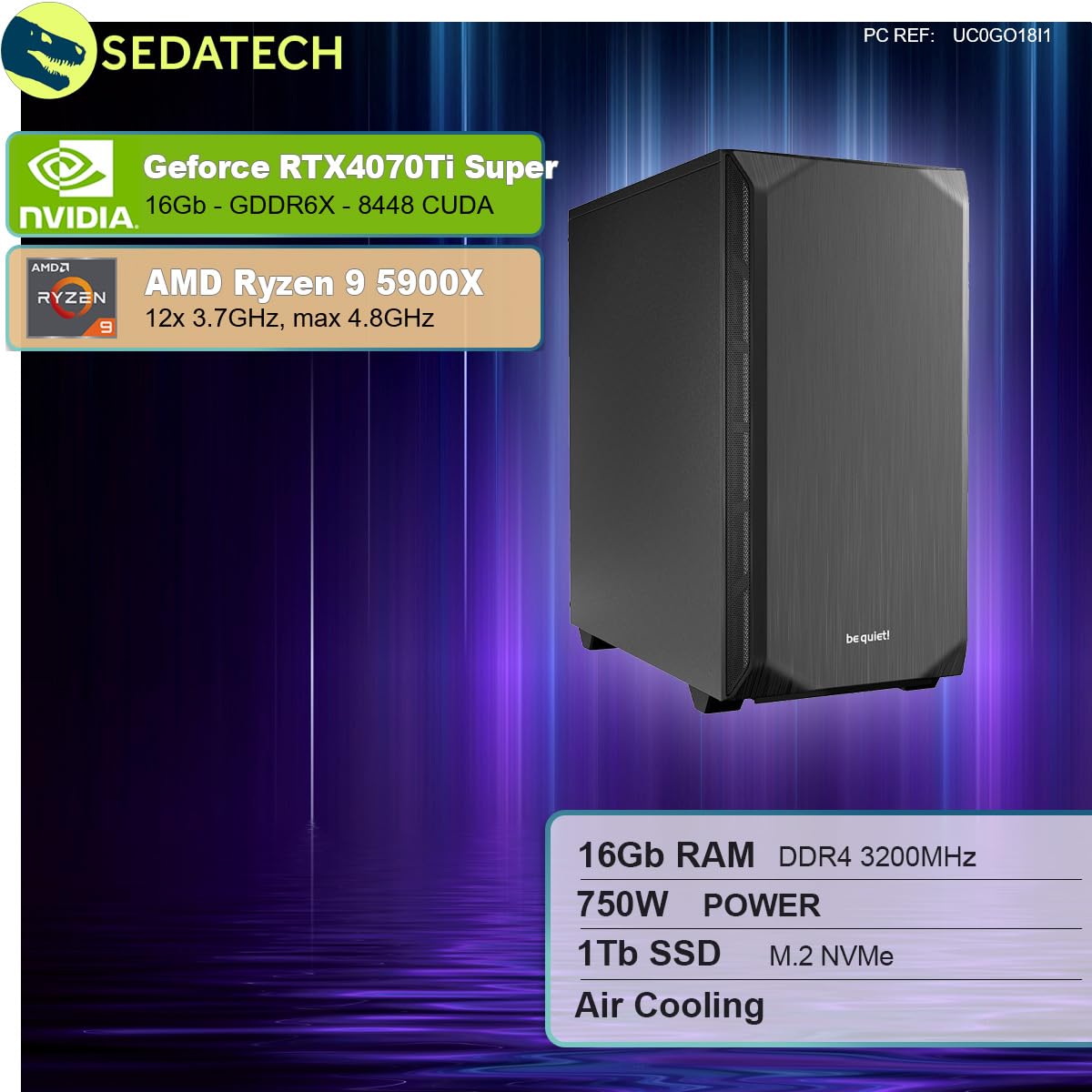 Системний блок Sedatech Silent Gaming PC AMD Ryzen 9 5900X RTX4070Ti Super 16GB RAM 1TB SSD M.2 без операційної системи, фото №2
