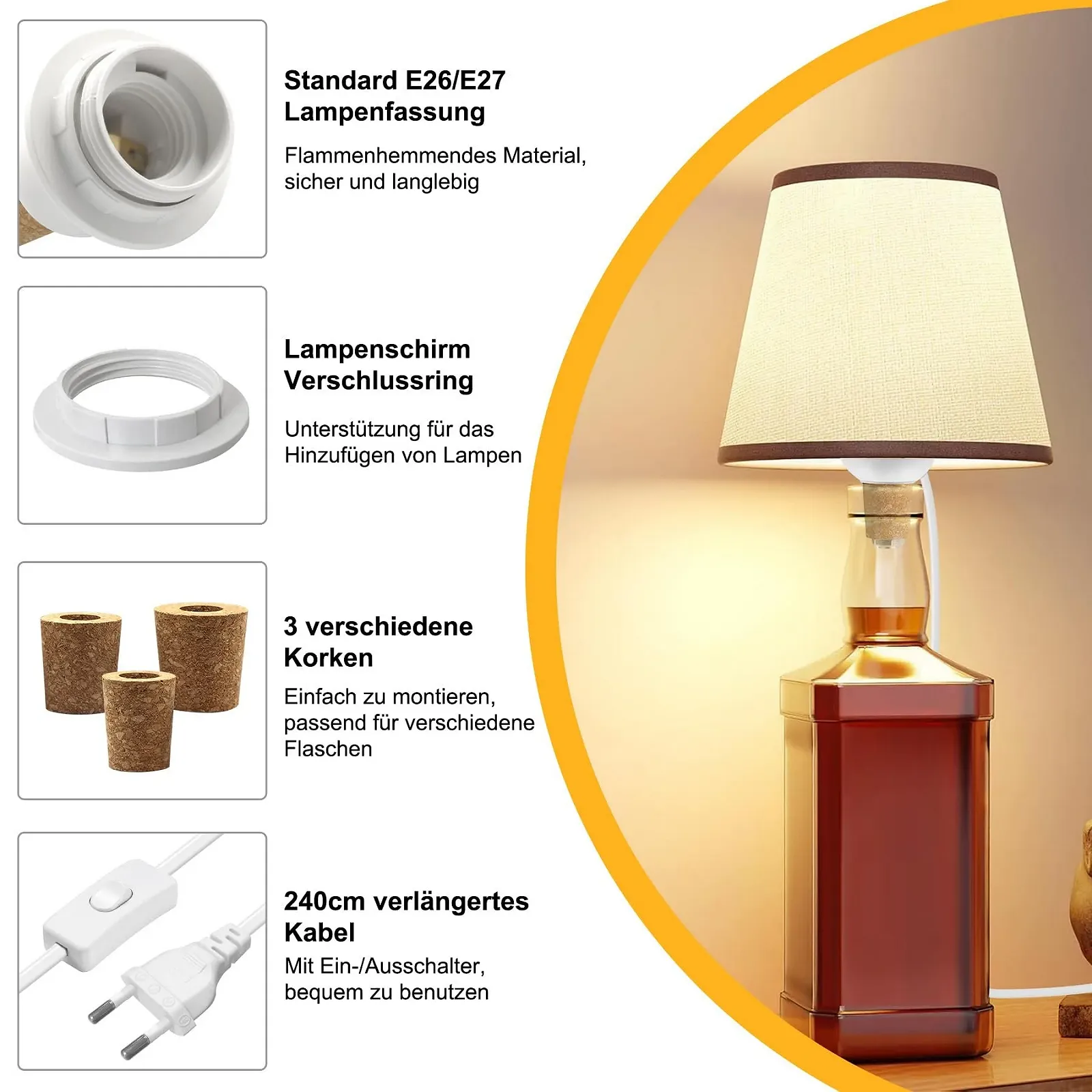 Тримач для ламп для пляшок E27 білий патрон з вимикачем та кабелем 240 см 3 типи пробок, фото №4