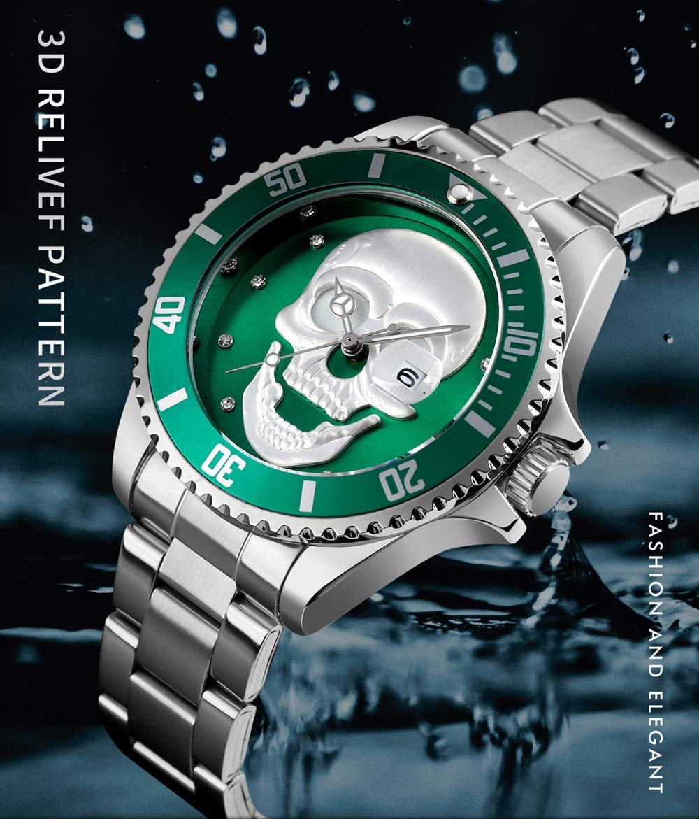 Часы HUNRUY 3D Skeleton Unidirectional Bezel 30M Waterproof Quartz Мужские Зеленый Серебристый Fashion, фото №5