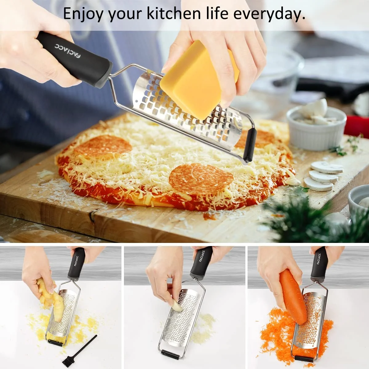 Терка FACIACC для сиру, лимонів, шоколаду, овочів, фруктів, часнику та імбиру, лезо з нержавіючої сталі з гумовою ручкою, чорний (2 шт. в упаковці), фото №6 Терка FACIACC для сиру, лимонів, шоколаду, овочів, фруктів, часнику та імбиру, лезо з нержавіючої сталі з гумовою ручкою, чорний (2 шт. в упаковці), фото №6