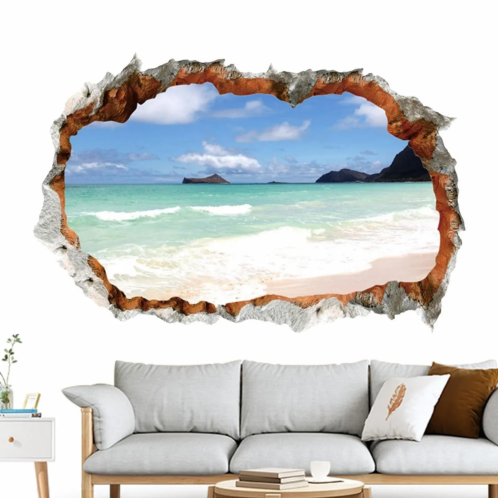 Наклейка на стіну Пляжна сцена 3D ефект розбитої стіни для спальні, фото №7