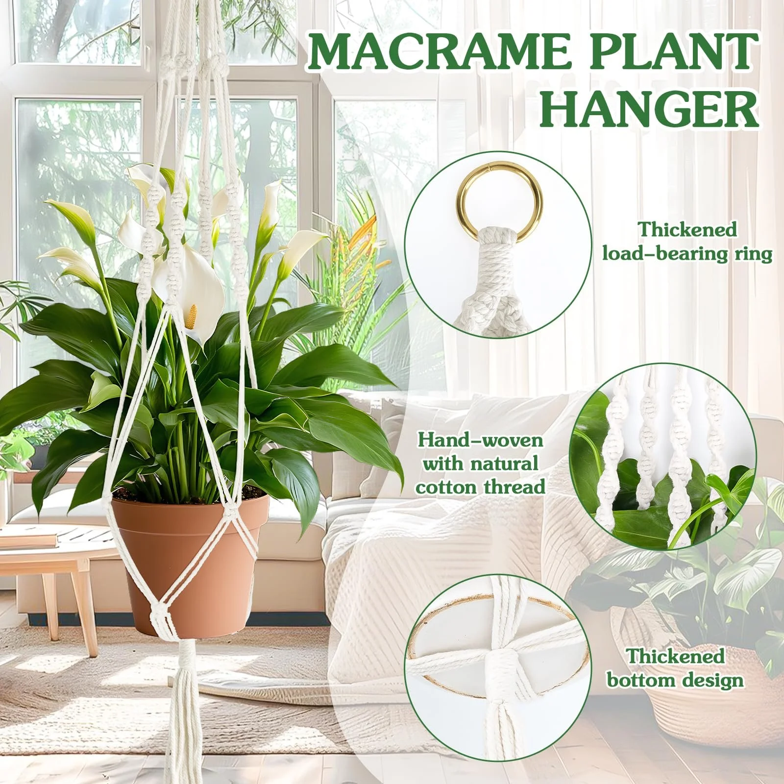 Подвесные корзины макраме 3 шт 105 см с 3 крючками Хлопковая веревка, фото №3