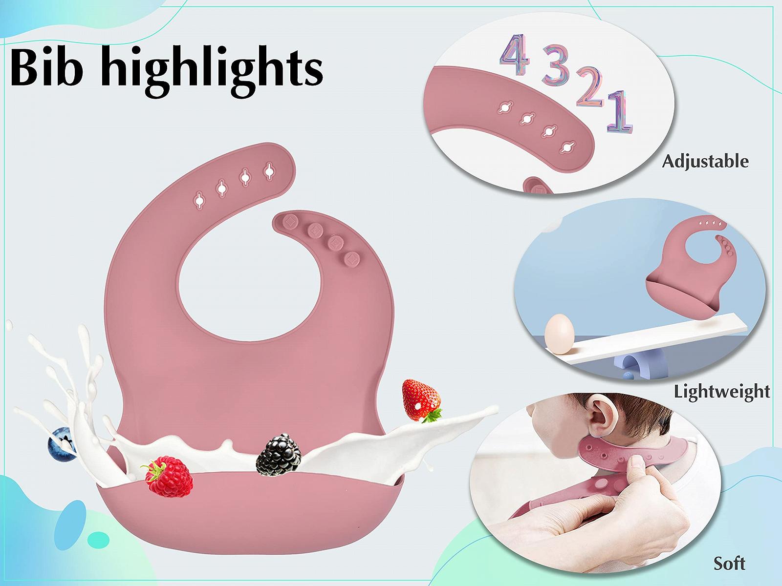 Набор детской посуды Hoseay Силиконовый 5 предметов Нескользящий Детская тарелка с присоской Миска Слюнявчик Ложка Вилка Моющийся Без BPA Розовый, фото №4 Набор детской посуды Hoseay Силиконовый 5 предметов Нескользящий Детская тарелка с присоской Миска Слюнявчик Ложка Вилка Моющийся Без BPA Розовый, фото №4