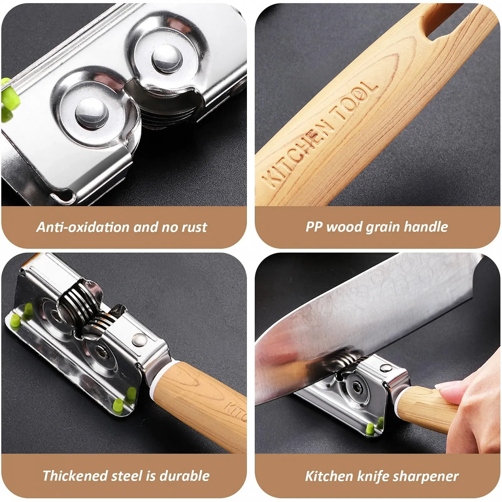 Точилка для ножів ручна 7.7 дюймів нержавіюча сталь роликова з отвором для підвішування та ручкою з деревним візерунком, фото №4